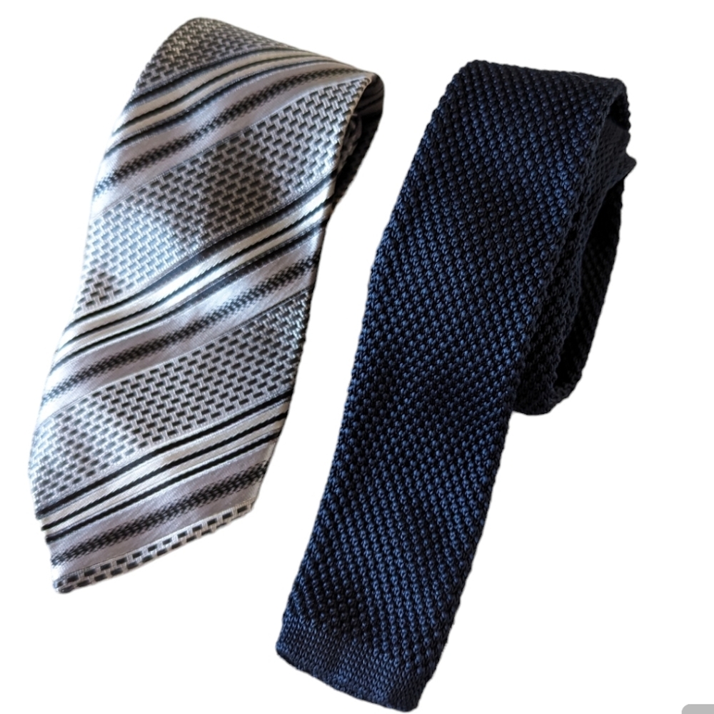 Neck Tie Lot Navy Skinny and Silver Black Striped Satin 2 Pieces Celio Men's
